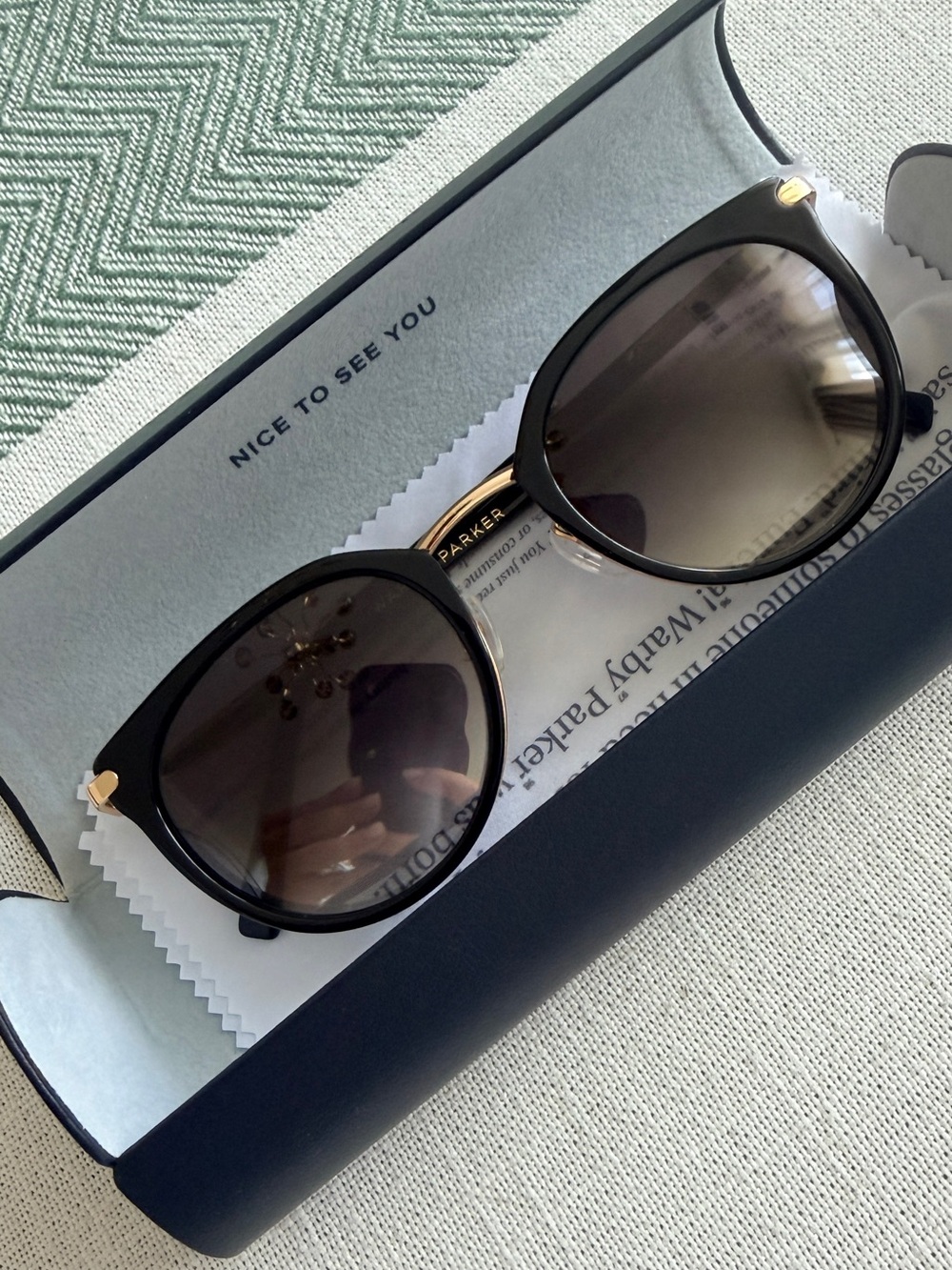 Warby Parker Black Sunglasses with Gold Accents and Gradient Lenses